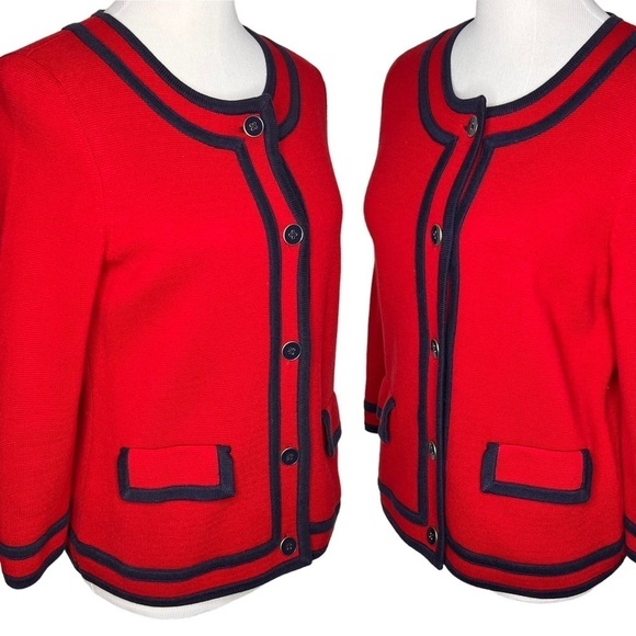 Talbots Cardigan Sweater Red Navy Trim 3/4 Sleeve Pockets Heavy Knit Size Med P - Picture 3 of 12